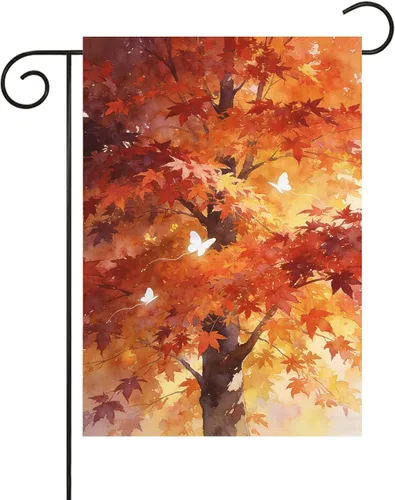 Bandera de jardín de otoño con diseño de cuentos de hadas de fantasía, árbol, puesta de sol, mariposas, hierba, 12 x 18 pulgadas, pequeña, vertical,