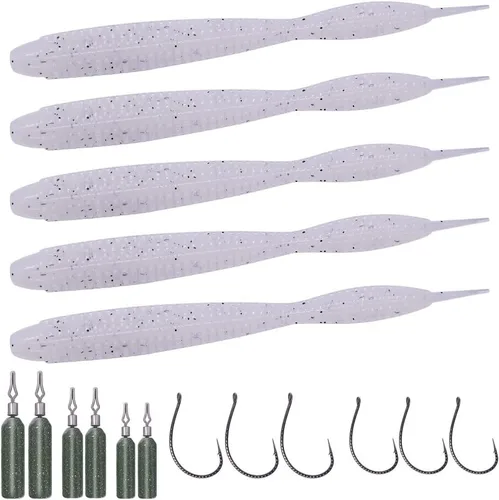 Miniatura 10 de Aparejos de pesca de gusanos de plástico suave para lubina, gusanos de goma de 4 pulgadas, gusanos locos, cebos de cola recta, kit de 22 piezas