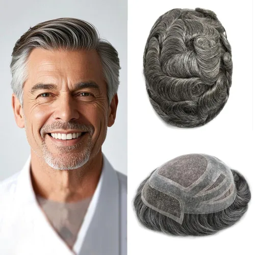 Miniatura 7 de Sistema de cabello frontal de encaje francés para hombres, tupé duradero para hombre, línea capilar natural, fino mono tupé para hombres, protesis