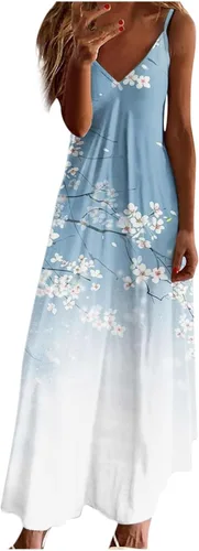 Vestidos florales para mujer 2023 2024, sin mangas, dobladillo fluido, vestido largo fruncido con cuello en V, vestidos de sol, vestido suelto de