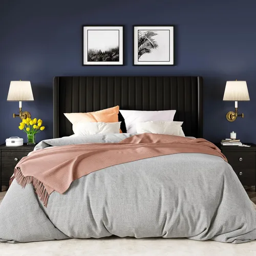 Miniatura 3 de Allewie - Base de cama tamaño Queen con cabecera tapizada en terciopelo y diseño acanalado vertical; plataforma de cama tapizada; listones de madera