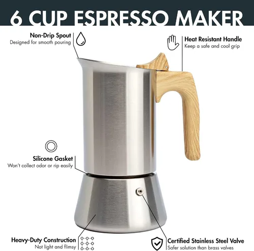 Miniatura 2 de Primula Cafetera y cafetera de acero inoxidable de alta calidad, olla moka para café clásico italiano, 6 tazas, mango de aspecto de madera