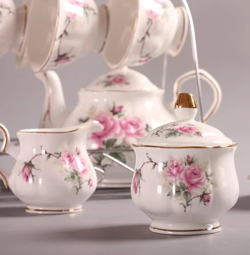 Miniatura 3 de Juego de tazas de café europeas de China de 15 piezas, juego de tazas de té de porcelana de cerámica con soporte de metal, juegos de regalo de té