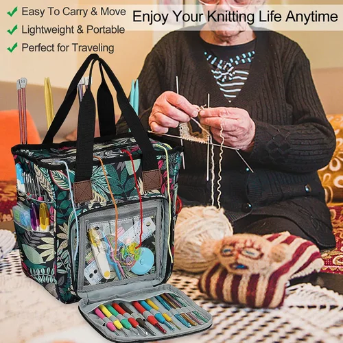 Miniatura 2 de Coopay Bolsa de ganchillo y tejer, organizador de viaje para manualidades, ganchos, agujas, madejas, pintura de diamantes, suministros (verde bosque)