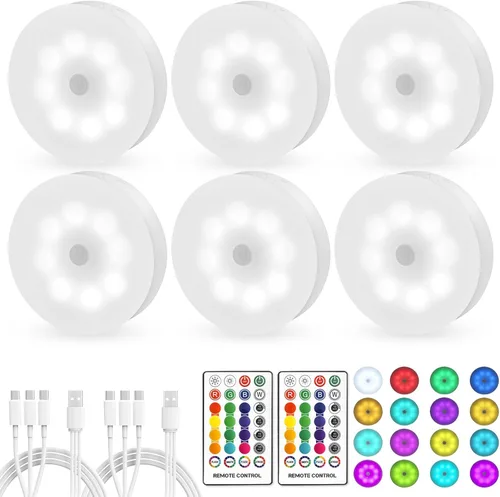 Luces LED de disco con control remoto, 16 colores intercambiables, USB, recargable, luz nocturna LED para armario, pared de dormitorio, debajo del