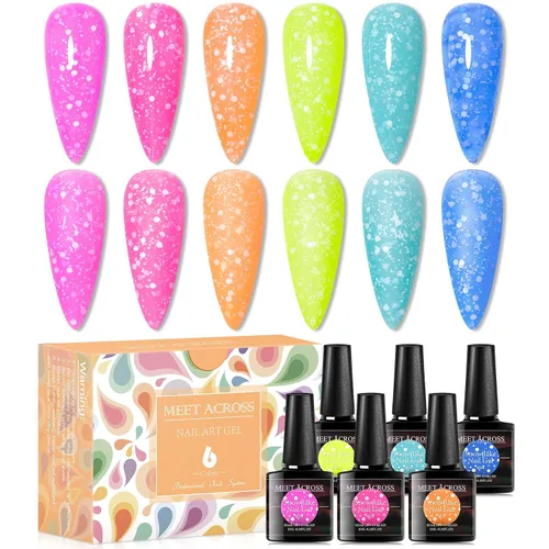 Miniatura 8 de MEET ACROSS Jelly Eggshell - Juego de 6 esmaltes de uñas de gel, color rosa, verde, morado, esmalte de gel agrietado, colección de macarrones