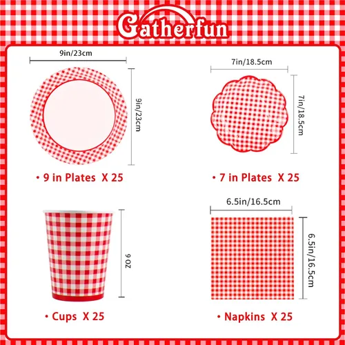 Miniatura 3 de Gatherfun suministros para fiesta con cuadros rojos y blancos, platos, servilletas, vasos, cuchillos, cucharas, tenedores, mantel y pancarta