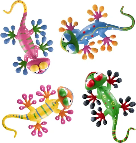 hogardeck Gecko - Decoración de pared de metal para exteriores, paquete de 4 esculturas y estatuas de jardín de lagarto con cabeza agitada,