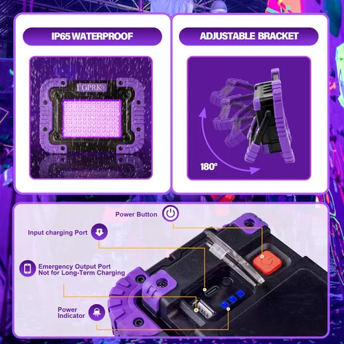 Miniatura 3 de Luz negra recargable - Luz negra UV alimentada por batería, portátil, luz de inundación ultravioleta inalámbrica de 395 nm para fiestas brillantes