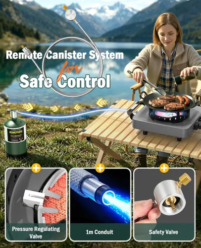 Miniatura 5 de Estufa de campamento con 2 quemadores de propano, 30,000 BTU plegable con rejillas resistentes al viento y sartén, estufas de camping portátiles