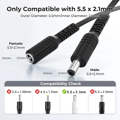 Miniatura 2 de Basesailor Cable de extensión de 12 V CC de 10 pies, paquete de 2 unidades, DC 2.3.3 pies x 0.217 in, adaptador de fuente de alimentación 5521