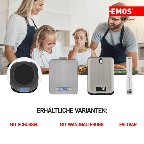 Miniatura 6 de EMOS Báscula de cocina de acero inoxidable para colgar en la pared/báscula digital con pantalla LCD iluminada/función de tara/báscula