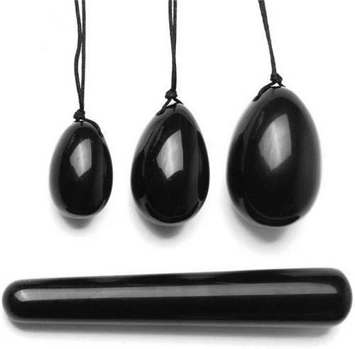 Juego de 4 huevos de jade Yoni, 3 piezas perforados de obsidiana natural de cuarzo de cristal de jade de piedra de masaje + 1 palo de masaje para