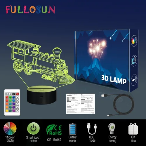 Miniatura 7 de FULLOSUN - Luz nocturna de tren, lámpara de ilusión 3D para niños, 16 colores que cambian con función de atenuación y control remoto, regalos