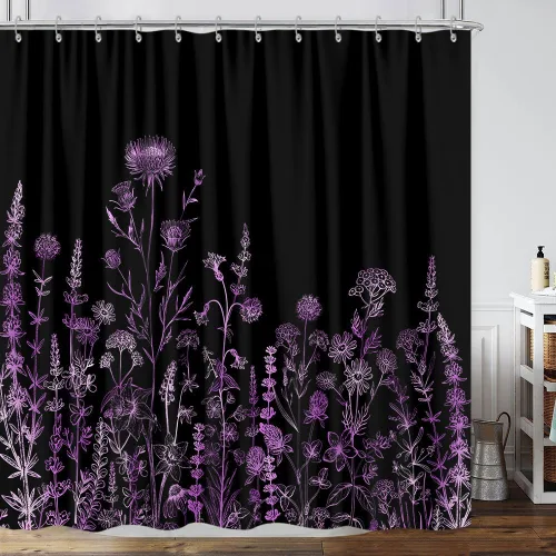 Miniatura 34 de Cortina de ducha de mariposa floral negra y dorada, cortina de ducha bohemia con diseño botánico de flores oscuras para baño con gancho, juego
