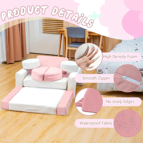 Miniatura 4 de Sofá modular de juego para niños de 13 piezas con funda de terciopelo lavable, sofá modular para niños y niñas, espuma convertible y cojín de suelo