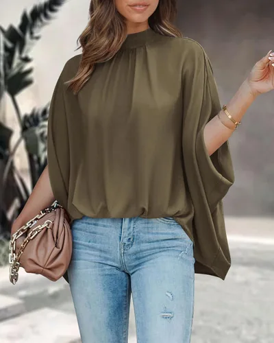 Miniatura 70 de BTFBM Blusas de verano para mujer, cuello alto falso, manga murciélago, holgadas, dobladillo alto y bajo, blusas informales de gran