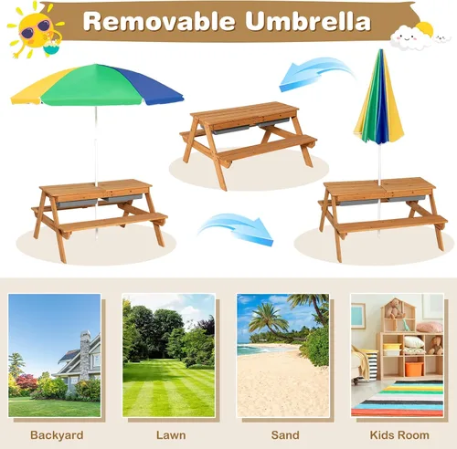 Miniatura 4 de KOTEK Mesa de picnic para niños, mesa de arena y agua 3 en 1 con mesa desmontable, 2 cajas de juego extraíbles, paraguas plegable y ajustable en Azul
