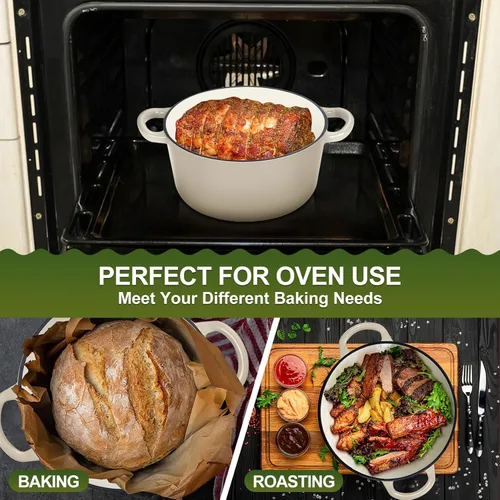 Miniatura 7 de P&P CHEF Horno holandés esmaltado de 5 cuartos de galón, olla holandesa de hierro fundido con tapa para hornear pan, olla esmaltada para asar, Caqui