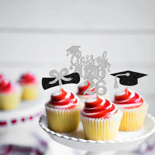 Miniatura 3 de Paquete de 24 adornos para cupcakes de clase 2025 con purpurina 2025 para diploma de graduación 2025 para cupcakes temáticos de graduación 2025