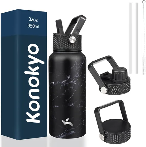 Miniatura 36 de Konokyo - Botella de agua aislada de 18 onzas, botellas deportivas de acero inoxidable con 3 tapas, verde militar
