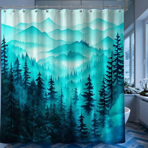 Miniatura 29 de Cortina de ducha azul marino de bosque Cortina de ducha azul oscuro de montaña y naturaleza para decoración de baño de hombres, tela impermeable