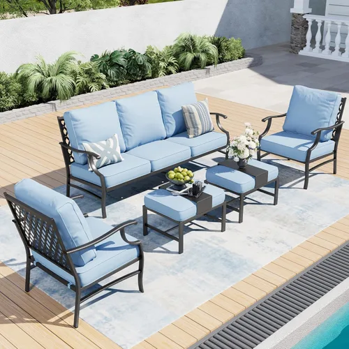 Miniatura 14 de SUNSHINE VALLEY Juego de muebles de patio, 4 piezas de muebles modernos de metal para exteriores, sofá de 3 plazas, 2 sillas mecedoras, mesa
