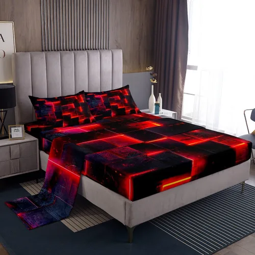 Erosebridal Juego de sábanas de cama negro y rojo, juego de sábanas de tamaño individual abstracto moderno, sábanas a cuadros brillantes 3D, juego