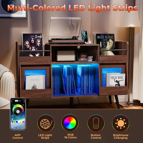 Miniatura 5 de Loomie Soporte grande para tocadiscos negro con toma de corriente y luz LED, gabinete de almacenamiento de discos de vinilo de hasta 350 álbumes