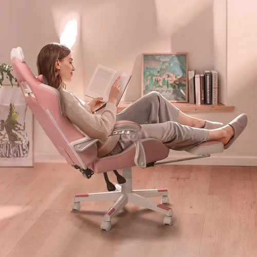 Miniatura 6 de PUKAMI Silla de juegos rosa linda con orejas de gato y cojín lumbar de pata de gato, silla ergonómica para computadora para niña con reposapiés
