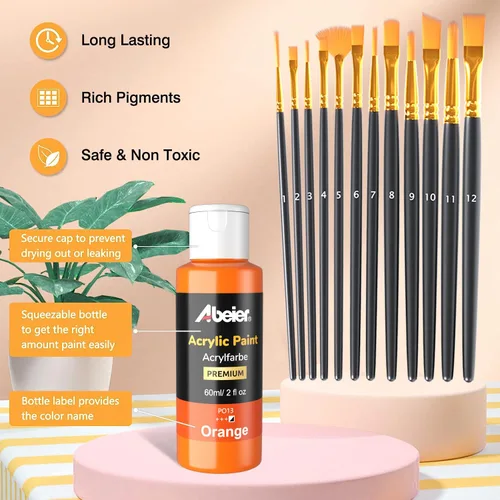 Miniatura 3 de ABEIER Juego de pintura acrílica, 24 colores (60ml/2oz) con 12 pinceles de pintura, no tóxico, resistente al agua, fuerte cobertura para niños