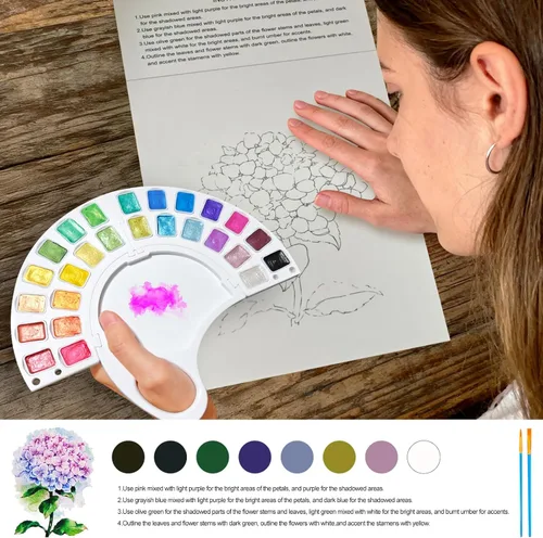 Miniatura 4 de Libro de trabajo de acuarela, libro para colorear al agua con 13 páginas de papel de 300 GSM, juego de pintura de acuarela de 26 colores con pincel