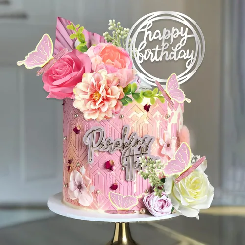 Miniatura 6 de 14 PCS Adornos para Pasteles de Flores Decoraciones de Pastel de Mariposa Adornos para Pastel de Feliz Cumpleaños con Flores de Rosa Rosa