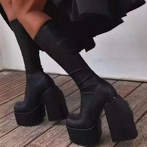 Miniatura 4 de Botas altas hasta la rodilla para mujer, tacón alto, punta redonda, cremallera lateral, estilo punk, botas de combate para mujer