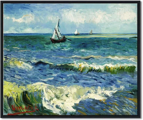 Miniatura 9 de Wieco Art Arte enmarcado negro paisaje marino en Saintes Maries por Vincent Van Gogh pinturas al óleo Reproducción modernas impresiones en lienzo