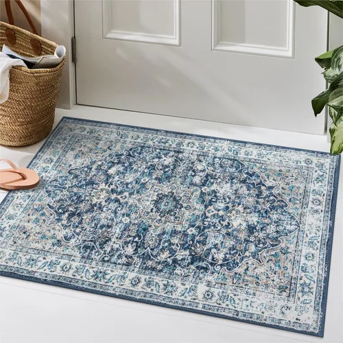 Beeiva Alfombra vintage de interior para entrada, alfombra de pelo bajo lavable de 2 x 3 pies con parte trasera antideslizante, tapete pequeño para