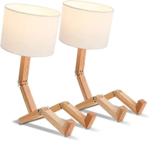 Miniatura 4 de Juego de 2 lámparas de escritorio robot, lindo y divertido robot de madera DIY lámpara de mesita de noche, forma ajustable para dormitorio, estudio