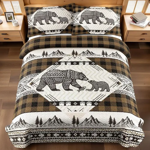 Miniatura 24 de Juego de 3 piezas de colcha tamaño King para cabaña, reversible, navideño, rústico, de microfibra, suave, ligera, de granja, con 2 fundas de 2-Oso