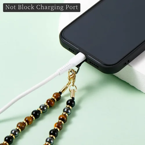 Miniatura 4 de 2 piezas de correa para teléfono con cuentas de mármol, cordón para teléfono celular con pestaña de sujeción, correa de cadena, correa de muñeca