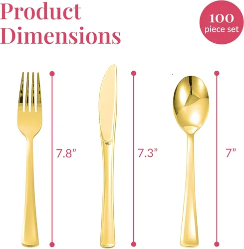 Miniatura 3 de Prestee Juego de cubiertos de plástico dorado de 100 piezas, 25 utensilios de plástico preenrollados con tenedores, cuchillos, cucharas