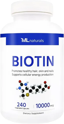 ML Naturals Biotina 10,000mcg (por porción) - 240 cápsulas vegetales - Apoya el cabello, la piel y las uñas saludables - Apoyo a la producción de