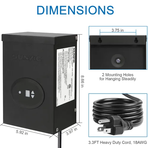 Miniatura 7 de SUNVIE Transformador de bajo voltaje de 300 W para iluminación de paisaje con temporizador y sensor de fotocélula fuente de alimentación impermeable