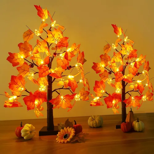 Miniatura 6 de Joyhalo Paquete de 2 Árboles de Otoño de 23.5 Pulgadas con Luces, Temporizador a Pilas, Árbol Iluminado de Otoño para Acción de Gracias