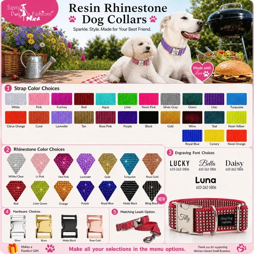 Miniatura 4 de Collares de perro con diamantes de imitación, hebilla grabada y opción de correa, hecho a mano, elección de gemas y correa, collar personalizado