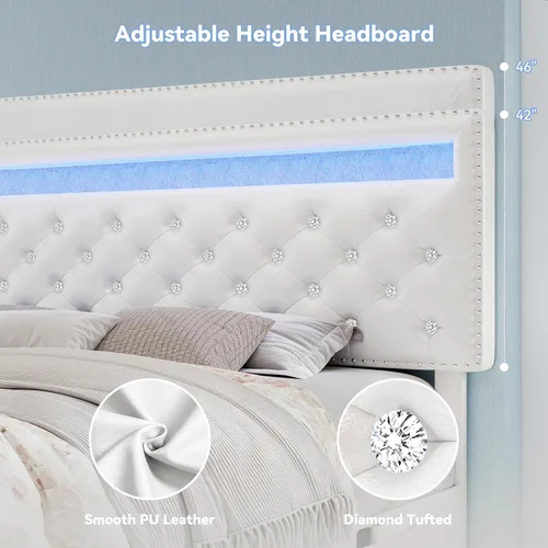 Miniatura 4 de Torana Marco de Cama LED Queen con 2 Cajones, Camas de Plataforma Tapizadas en Terciopelo con Cabecera de Almacenamiento Ajustable, Marco de Cama