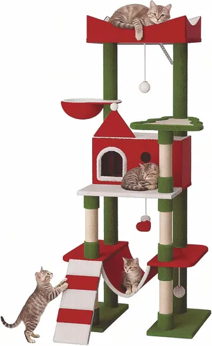 STILLCOVE Torre grande de árbol de Navidad para gatos de 63 pulgadas en interior: casa de condominio para gatos moderna y alta con poste rascador y