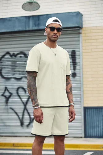 Miniatura 57 de COOFANDY Conjunto de camisa y pantalones cortos de gofre para hombre, conjunto de 2 piezas, conjunto casual de verano con bolsillos