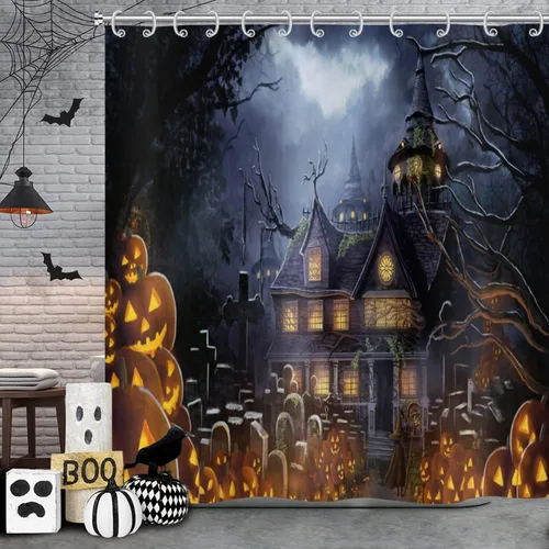 Miniatura 17 de Cortina de ducha de Halloween, con temática de Halloween, diseño de murciélago blanco y negro, decoración de fiesta de Halloween, tela impermeable