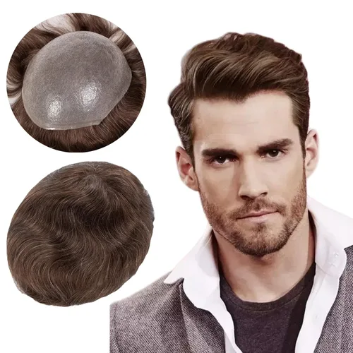Miniatura 10 de Toupee para hombres, piel fina y suave, 100% cabello humano real europeo, piezas de cabello para hombre, 8x10 pulgadas, sistema de reemplazo de #1