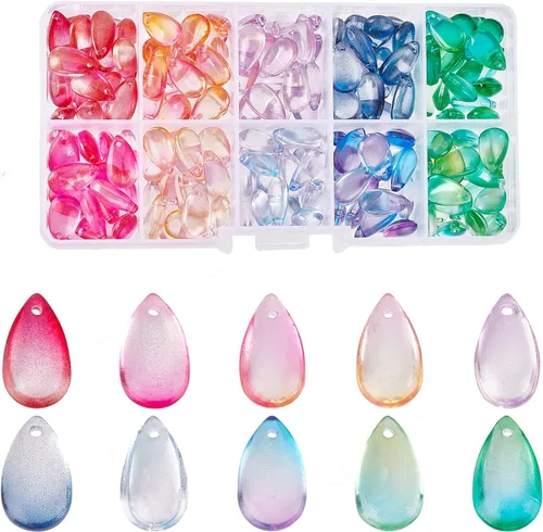 PH PandaHall Cuentas de cristal de lágrima, 200 cuentas de cristal de gota de agua de 10 colores, cuentas sueltas transparentes, dijes coloridos